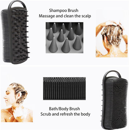 2 PC Silicone Exfoliating Body Scrubber, 2 in 1 Silicone Body Shampoo Brush, Soft Silicone Loofah for Sensitive Skin, Shower Silicone Hair Scalp Massager, Easy to Clean, Lather Well (Grey&Black)